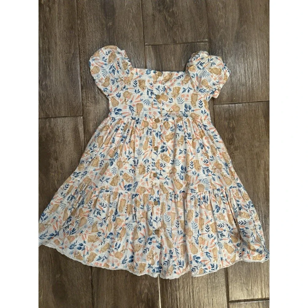 Girls Easter Bunny Dress Size 7‎ Cynthia Rowley Puff Sleeves Peach & White EUC